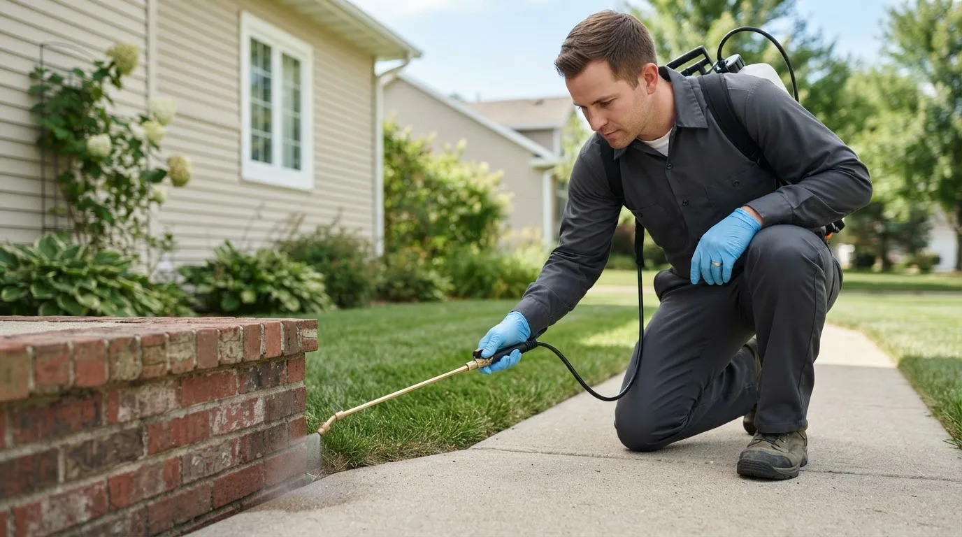 Pest control technician treating a home near Wading River, NY